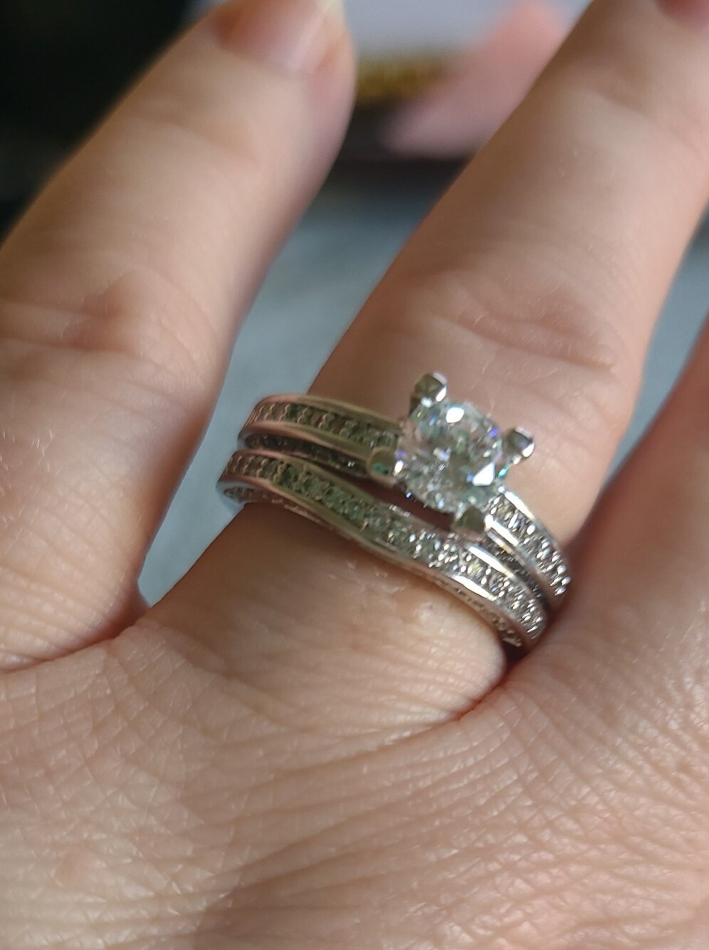 White Sapphire Solitaire Engagement Ring Set with Pavé Bands